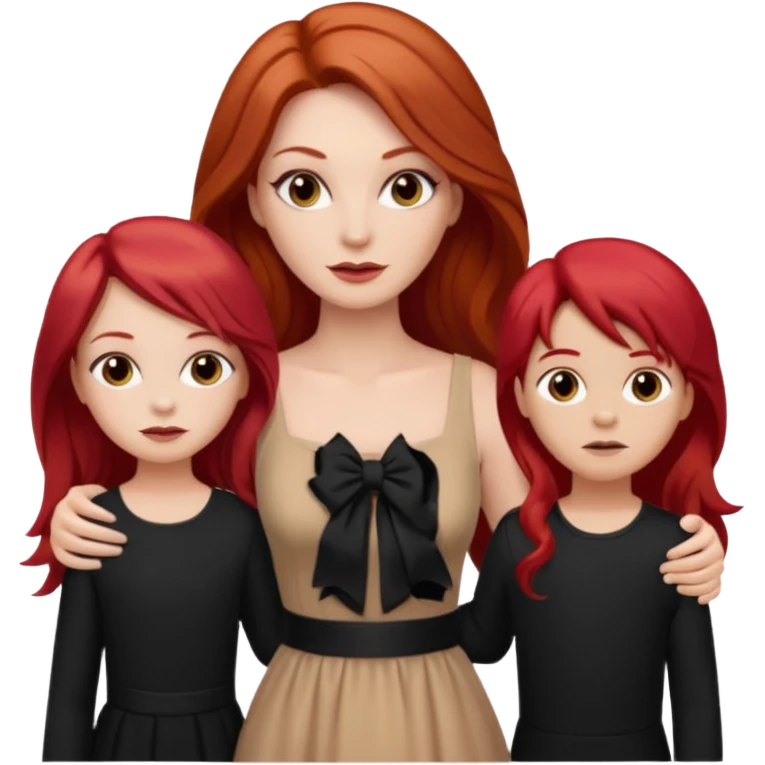 White woman in beige dress with long red hair and makeup with two kids in black clothes  emoji