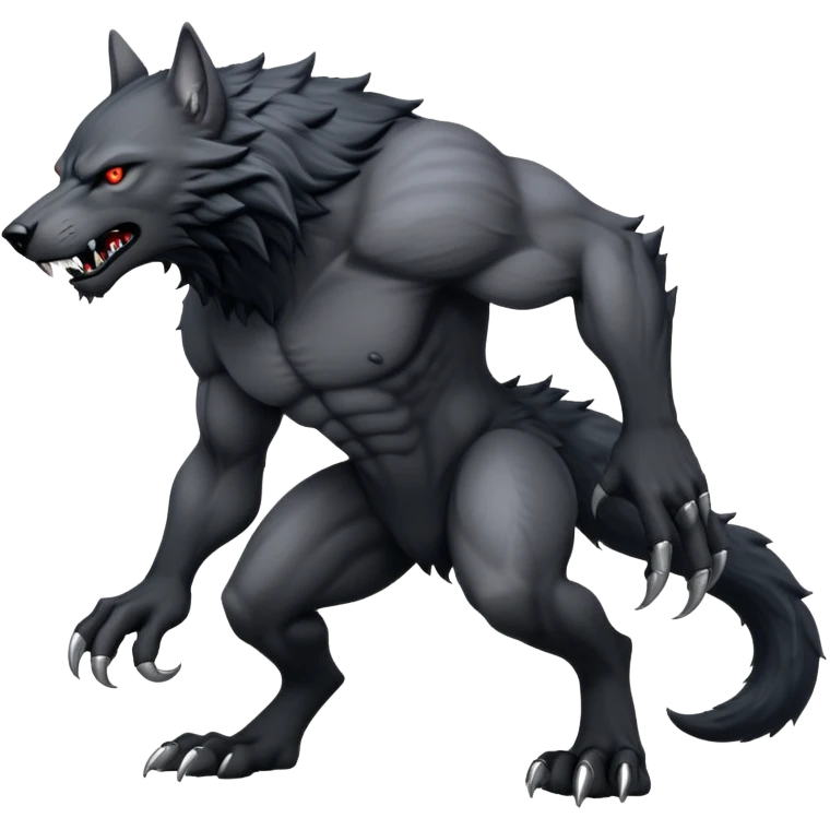 cinematic-noble-fierce-werewolf-full body on all fours-emoji, poised-and-imposing, with a tall, lean, and muscular wolfish frame inspired by the brutal, imposing shape of the beast from Berserk, fur rippling in shades of midnight black and silver, massive paws with razor-sharp claws, elongated limbs and fangs, eyes glowing with an intense, primal ferocity, reflecting the untamed power of the wild moonlit night; rendered with realism like a wolf hunched over emoji