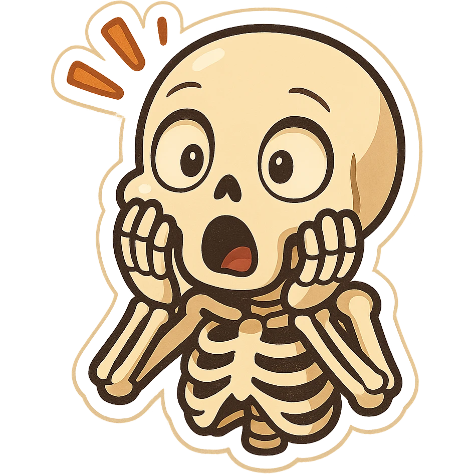 cartoon skeleton with shocked surprised expression, wide eyes, mouth open, hands on cheeks, fun expressive style emoji