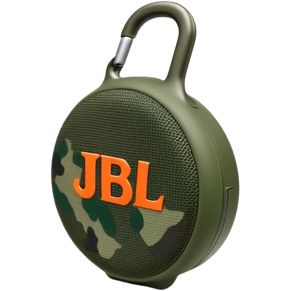 JBL Clip 4 bluetooth speaker with green camo pattern, minimalist iOS emoji style with carabiner clip emoji