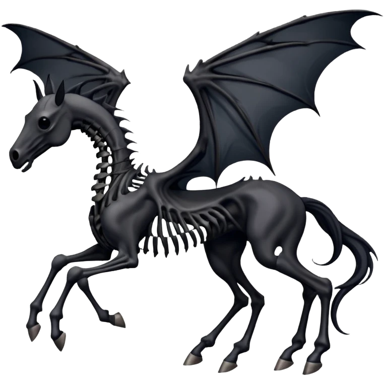 thestral: Winged horses visible only to those who have witnessed death and understand its significance. Can u make it thinner? Like an achal tekkine? Long legs, wings like from a bat, head like a sekeleton horse emoji