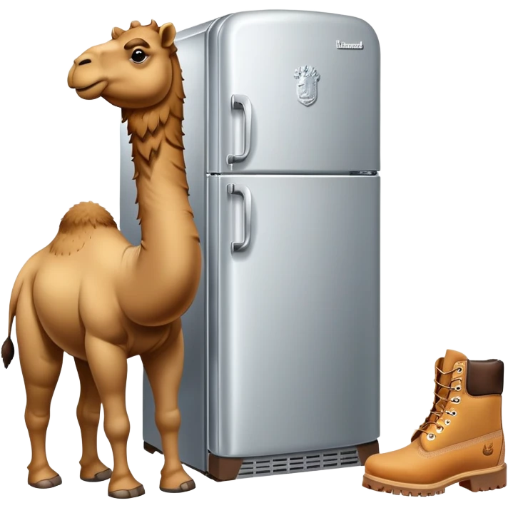 A silver refrigerator with doors as the body, a brown camel head with a hump on top, and tan Timberland boots on the bottom emoji