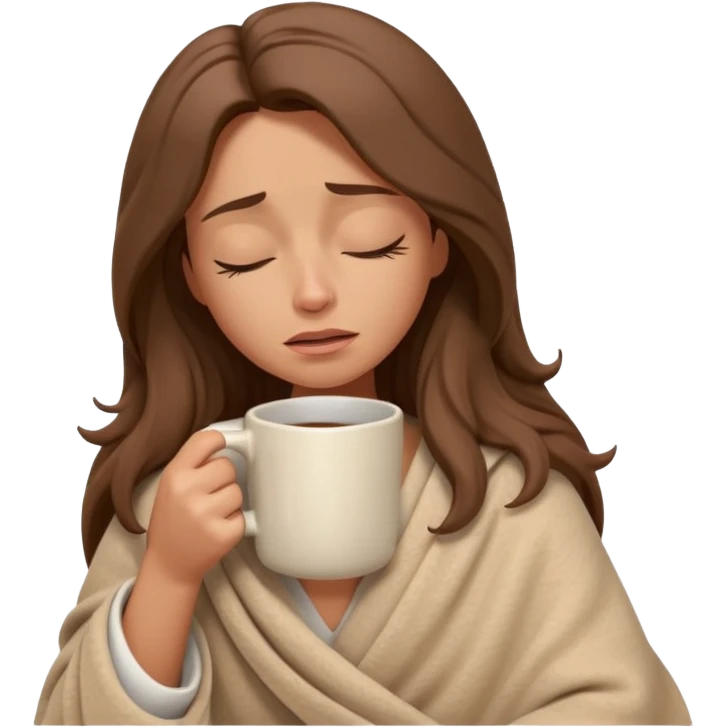 emoji-style illustration of a crying relaxed woman with long wavy brown hair, wrapped in a cozy beige blanket, holding a mug cup, eyes closed, sad and a bit anxious expression, soft 3D cartoon rendering, warm and comforting mood, plain background
 emoji