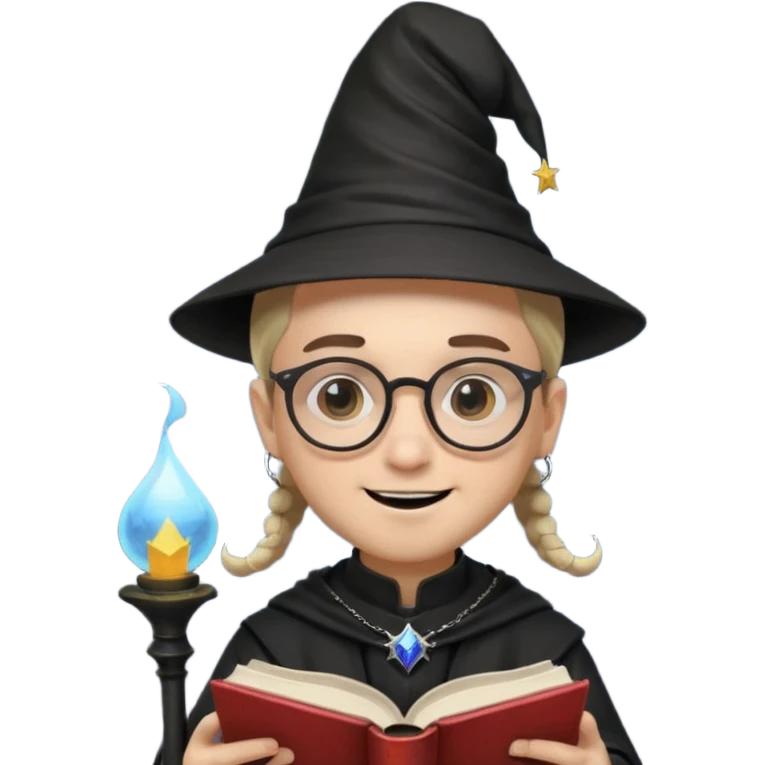 ["A happy boy with light skin, ponytail, wearing a wizard hat and square glasses, dressed in goth fashion, is reading a book while holding a phone."] emoji