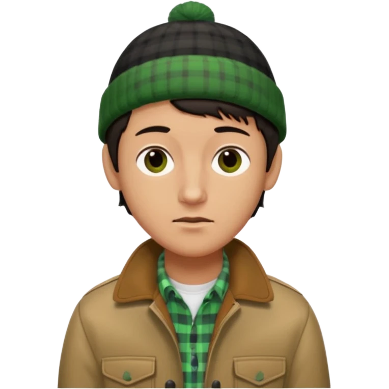 young man with longish black Beatle haircut, brown eyes, tan complexion, green beenie hat, tan jacket, checked shirt , pork chop sideburns emoji