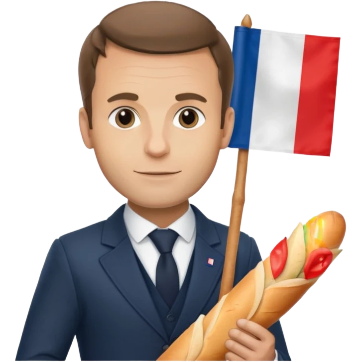 Macron avec une baguette et un drapeau français derrière lui emoji