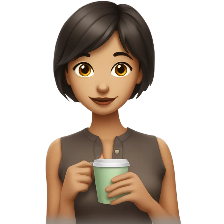 clean girl dark brown hair with a cute bang drink coffee emoji