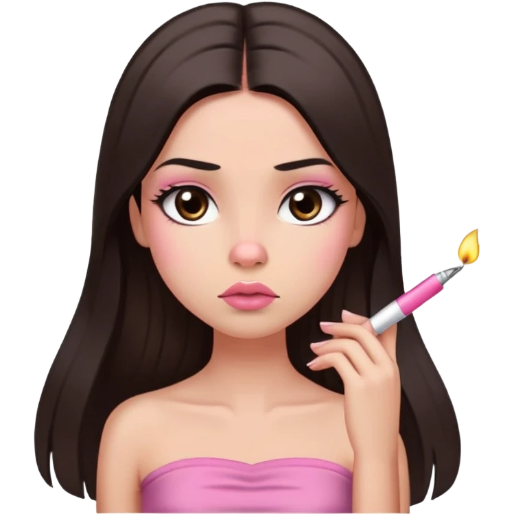 girl with lighter skin, dark brown long straight hair, pouty shiny lips without cupid's bow, large eyes, lighter button nose, long oval-shaped face, wearing a pink bandeau top with straight neckline, looking directly at camera with hands down at sides emoji