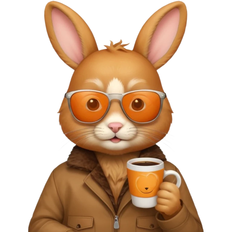 Orange rabbit, wearing brown jacket, sunglasses, holding coffee mug emoji