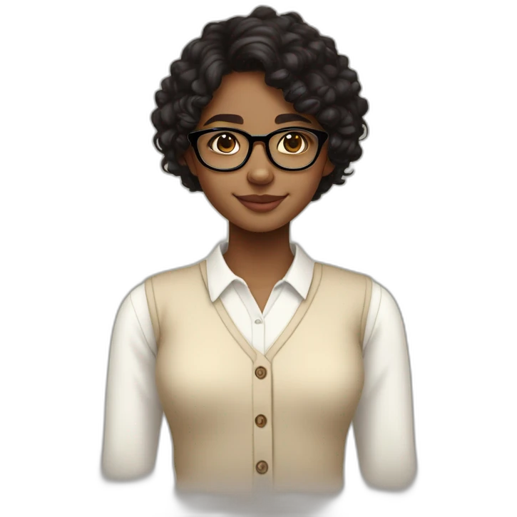 smiling dark skin indian teenage girl with black curly hair and glasses wearing a collared long sleeve white shirt under a beige v shaped collar sweatervest with no buttons emoji