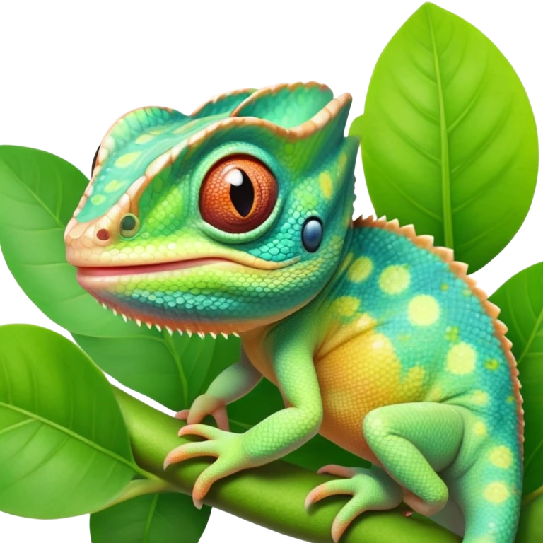 cinematic cute-smiling baby chameleon-realistic emoji,-blending-with-vibrant-greenery.-detailed-scales-in-shifting-colors,-showing-the-chameleon’s-ability-to-camouflage.-soft-natural-light-highlights-its-texture.-light-background, zoomed into its face emoji