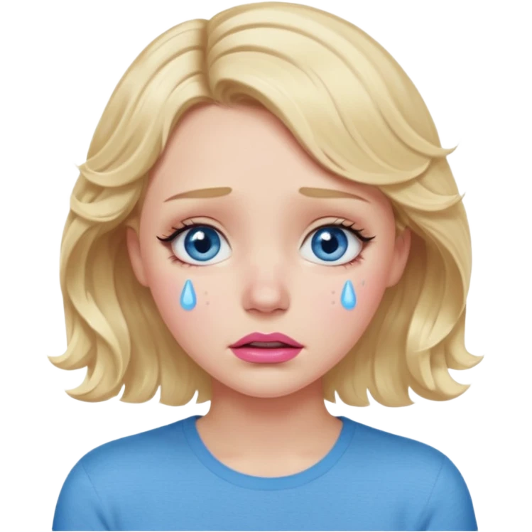 Girl Blonde short wavy hair,  blue eyes, cute blue top, long lashes, pink lips,crying with tears running down the face  emoji