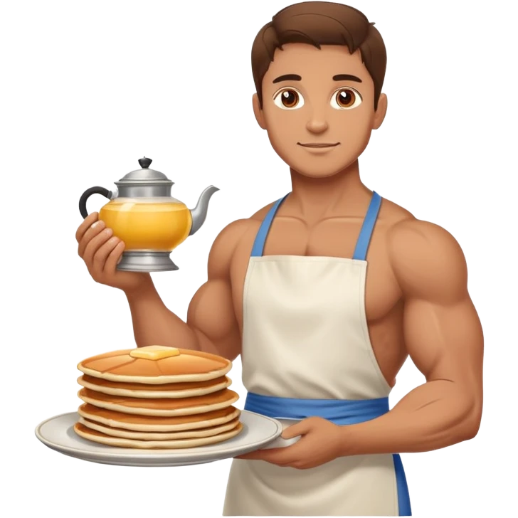 a big pumped-up guy with brown hair in an apron and with a plate of pancakes in one hand and a samovar in the other emoji