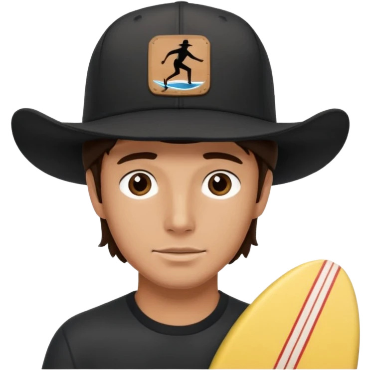Male brunette movie producer black baseball hat with surfing cowboys written on hat  emoji