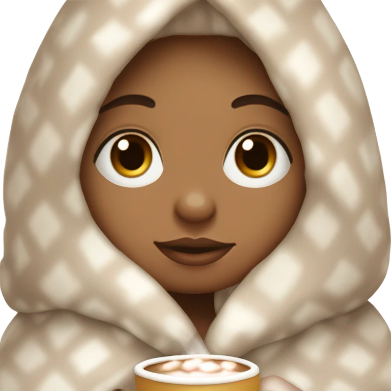 Light skin girl with curly hair under our blanket, sipping hot cocoa with marshmallows, cuddled around the blanket, long curly hair, long, medium lashes emoji