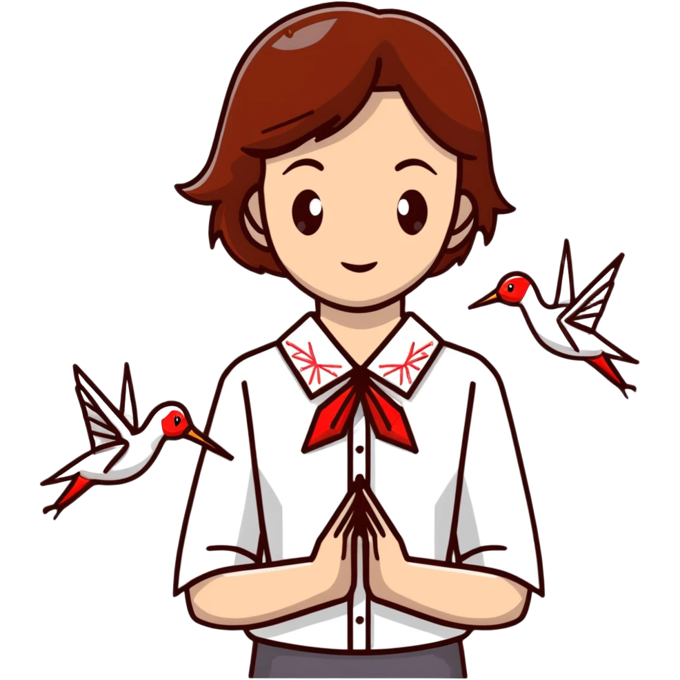 Ukrainian young girl with brown hair wearing a white embroidered shirt holds an origami red crane emoji