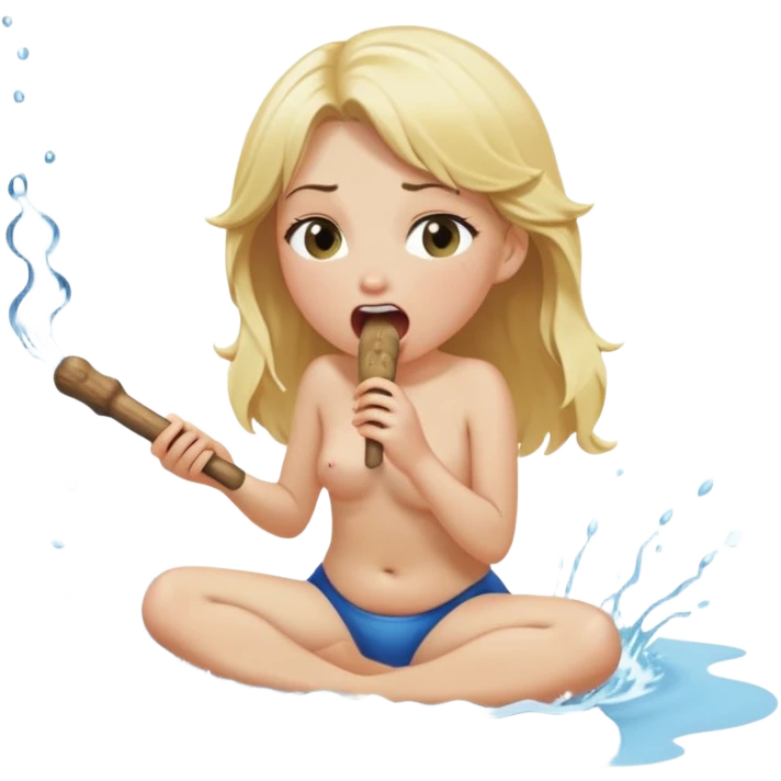 blond woman sitting on her knees, eating a wide stick with a half-round D-shaped knob, both the stick and knob are the same color as her skin, the knob has visible skin texture, water stream squirting from the flat side of the knob into her open mouth, surprised expression emoji