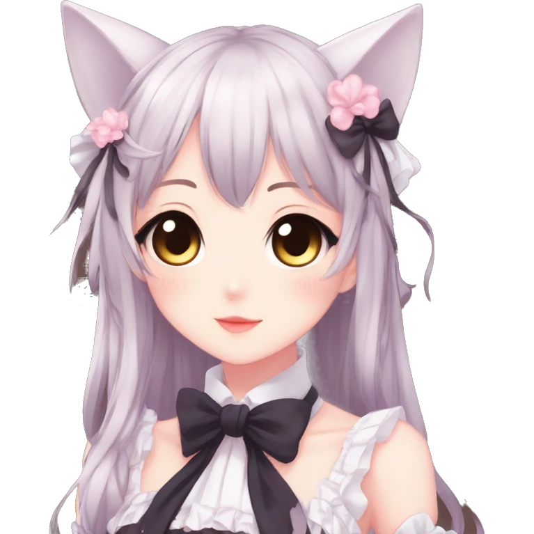 Gorgeous anime style catgirl with blushing face with maid outfit bow tie idol model kawaiicore pearly petite simplistic aesthetic trending style emoji