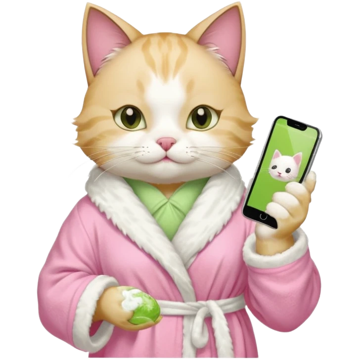 I want a CAT whit a iced macha on her paw and i want her to ne wearing a pink bath rope And she will have a face mask on her face and phone on the opisite paw whit the macha emoji