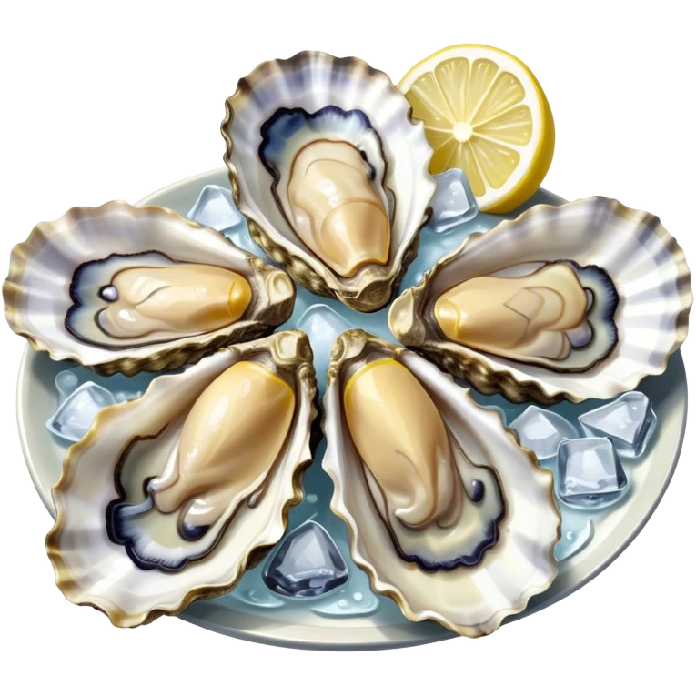 Cinematic fresh oysters on the half-shell, glistening with seawater, served with lemon wedges and ice, soft glowing highlights, elegant and luxurious. emoji