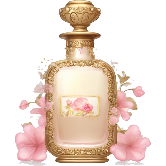 Vintage perfume bottle in antique Greek style, white, pink and beige, oil perfume inside, sequins and flowers fluttering around emoji