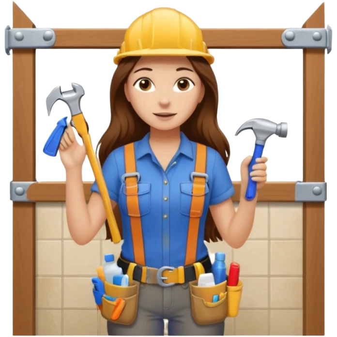 beautiful girl with long brown hair constructing new bathroom area with new shower and amenities  emoji