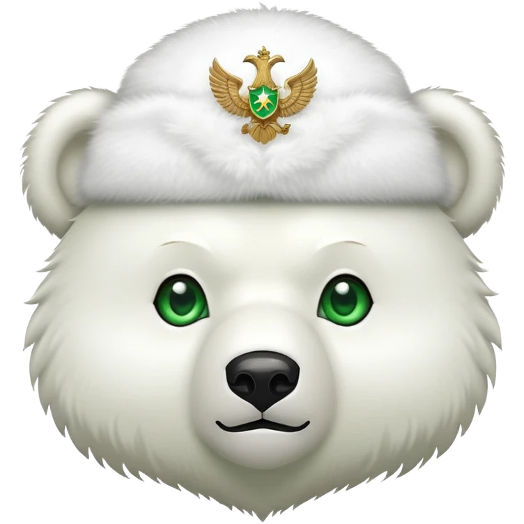 Adorable bear head with bright green eyes, white fluffy ushanka with clean simple Russian double-headed eagle emblem, minimalist iOS emoji style emoji