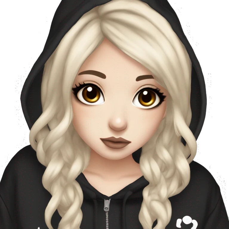 hime gyaru girl, tattoos, pale skin with medium brown and black hair, dark makeup, black hoodie emoji