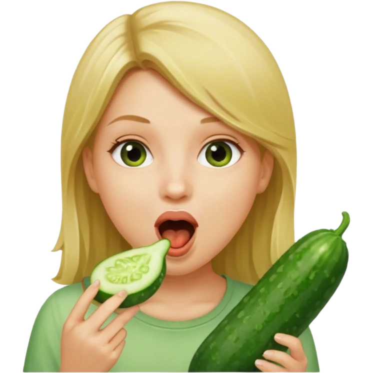 Girl mouth open. Cucumber going inter her mouth dirty blonde hair emoji