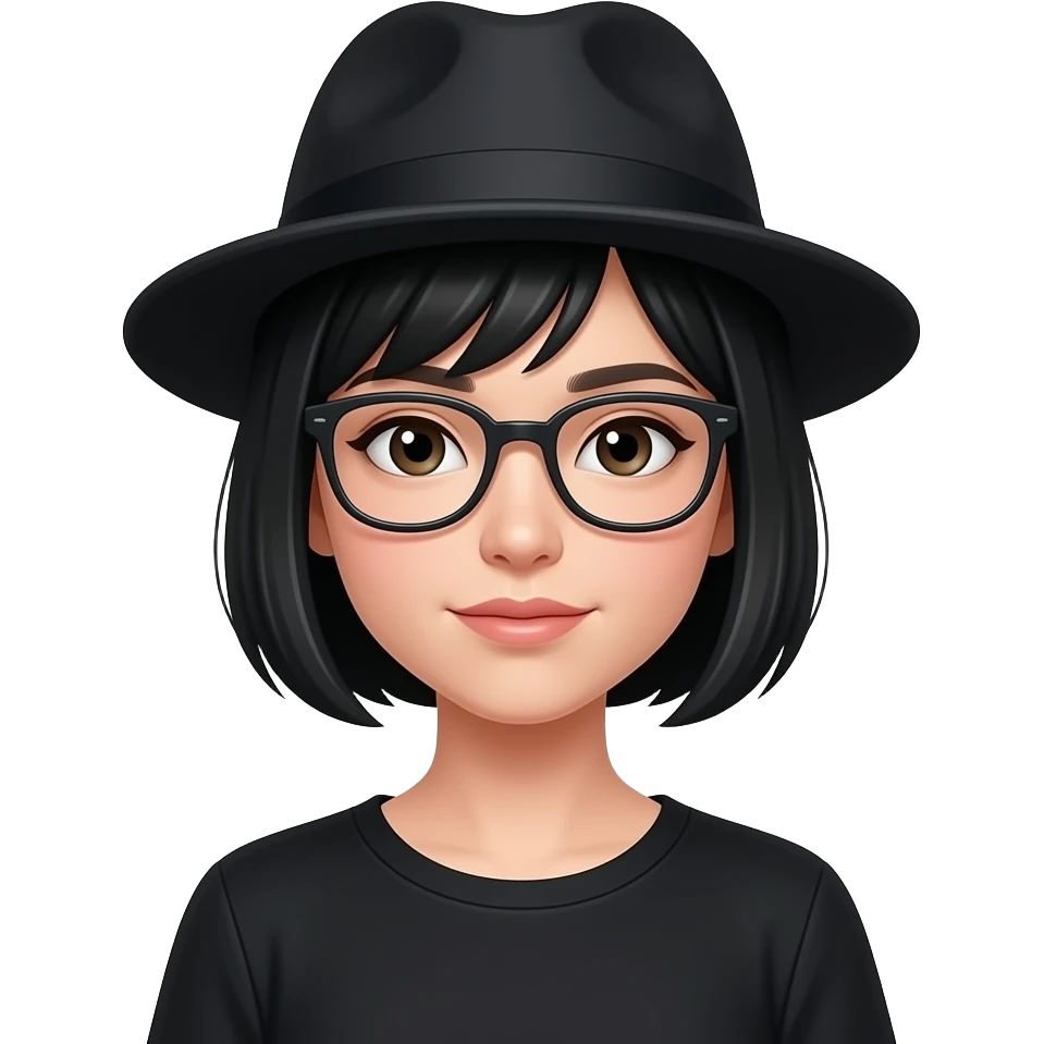 a calm, short black hair girl with black clothes, wearing glasses and hat emoji