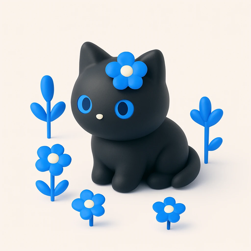 A black cat with a flower on its head in a field of flowers emoji