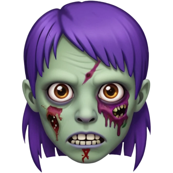 Quero uma zumbi com franja vegana piercing na sombrancelha no lado esquerdo e na boca e no nariz no lado direito cabelo castanho/preto com mechas roxas emoji