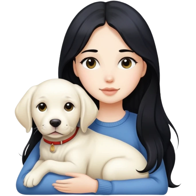 A beautiful girl with long black hair and fair skin is holding a white Labrador emoji