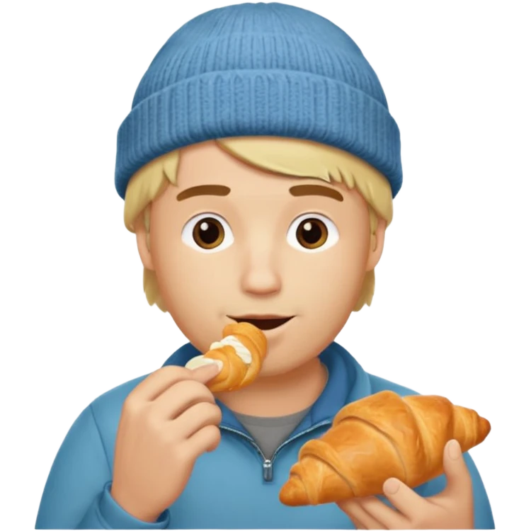 blonde man with beanie eating croissant emoji