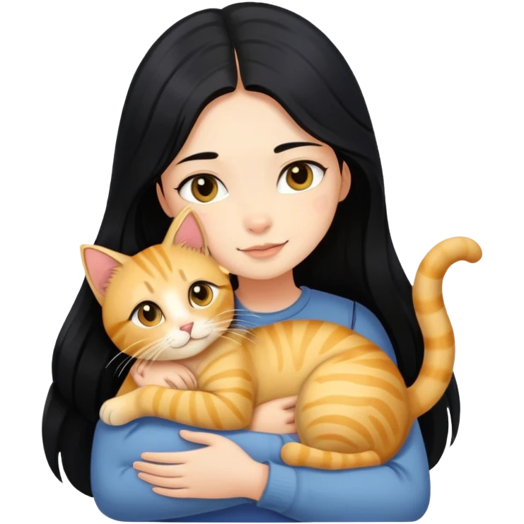 A girl with long black hair hugs a golden tabby cat emoji
