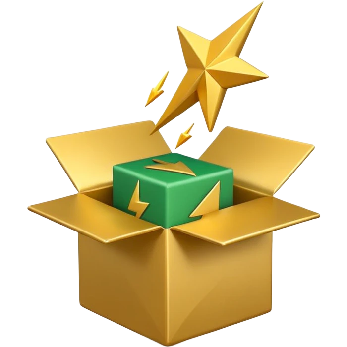 3D minimal open box with small floating icons coming out (envelope, lightning bolt, star), soft matte finish, deep green (#0B3D2C) box, gold (#C9B037) floating icons, Apple style, ultra clean and sleek, very soft ambient shadow, transparent background emoji