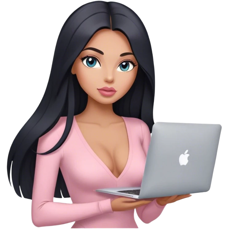 Glamours, tanned, very beautiful girl, with big pump peach-beige-rose lips, long lashes, black straight smooth silky long hair, straight parting hair, blue-grey eyes, in light-pink v-neck bodysuit holding MacBook emoji