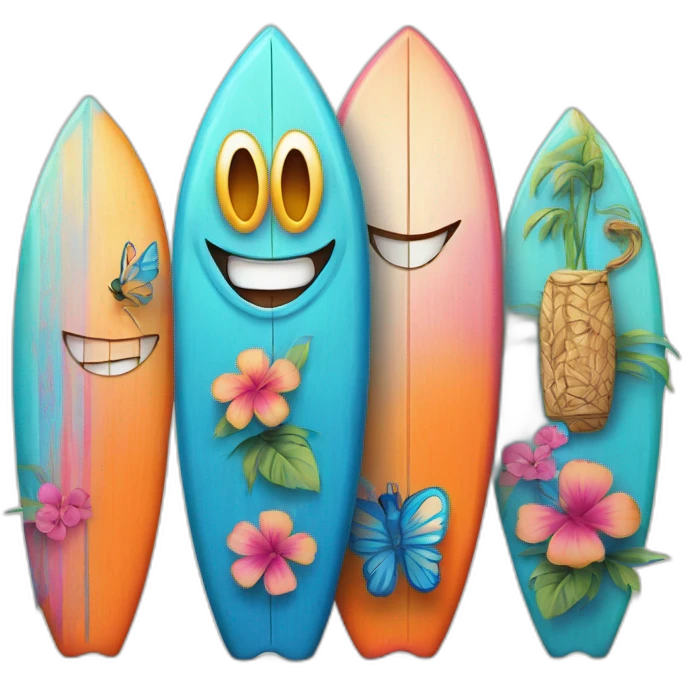 A surfboard Cartoon Blue and orange tiki smiling with butterfly and and Cartoon Blue and pink tiki singing with butterfly and mikrophone emoji