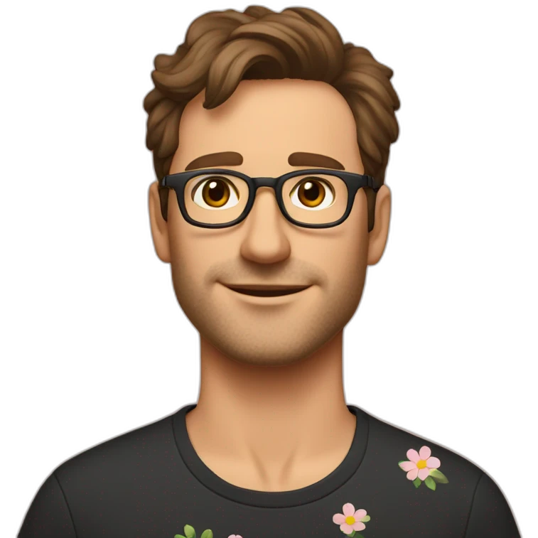 german guy with short brown hair up unshaved wearing glasses and dark t-shirt with flowers print emoji