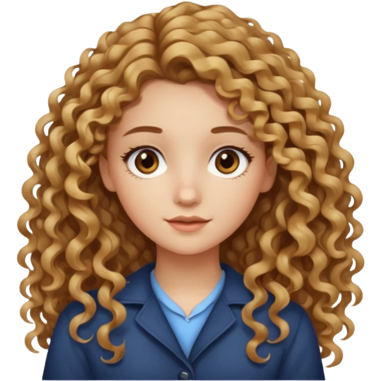 Garota branca, com longos cabelos cacheados castanho claro e pontas loiras, olhos levemente puxados de cor castanho emoji