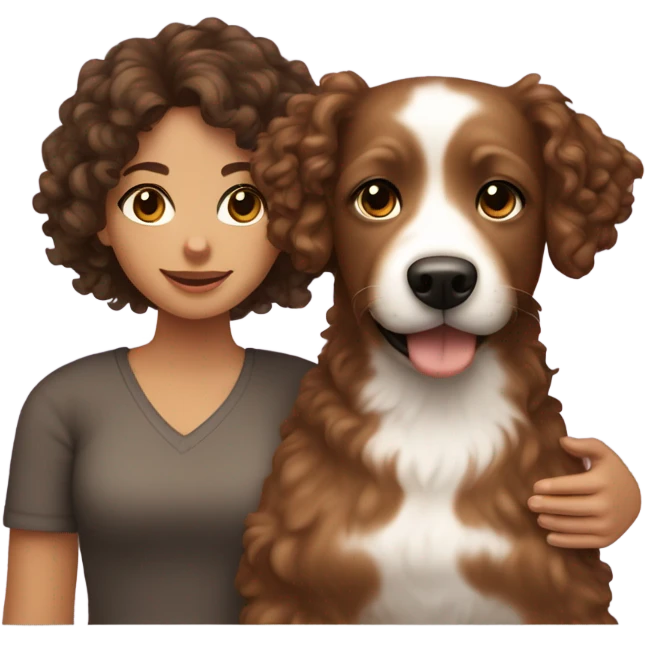 curly hair girl with brown eyes and brown hair with yorkshire dog emoji