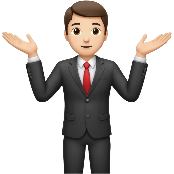 Sticker of a man in a business suit, front view, both arms extended in front of his body at waist level, below chest, hands low near the stomach, elbows slightly bent, palms facing inward as if holding an invisible box, not raised, not upward emoji