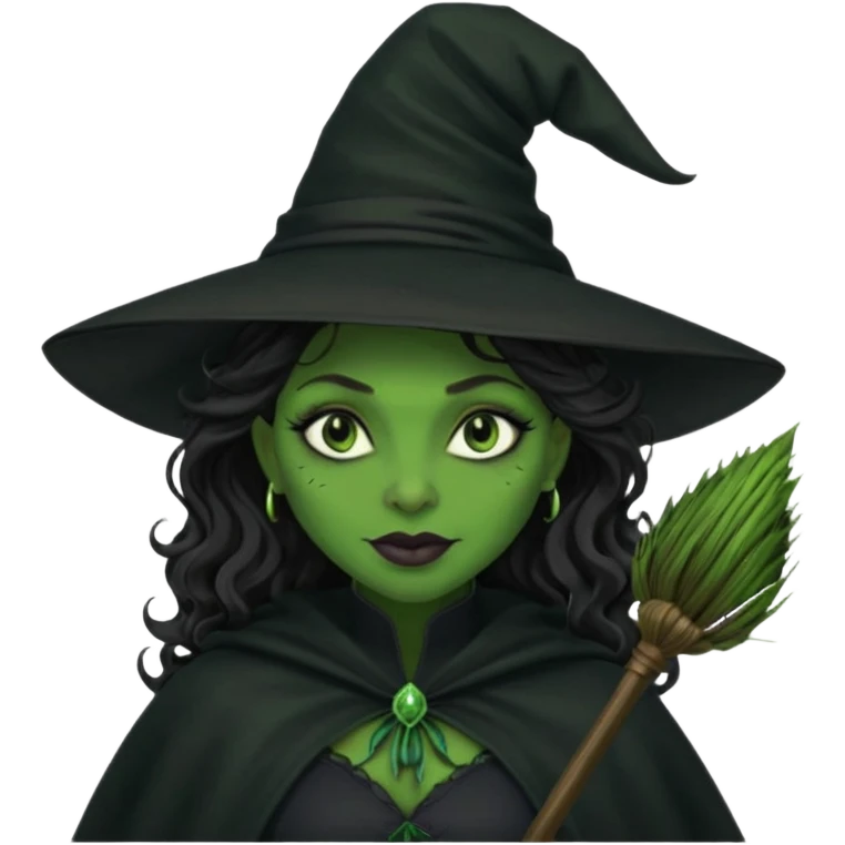 elphaba wicked witch with broom close up, evil dark curly long dark hair, green skin, thick green lips, cheekbones, smirk evil menacing cythia erivo dark aesthetic black hat cloak black broom emoji