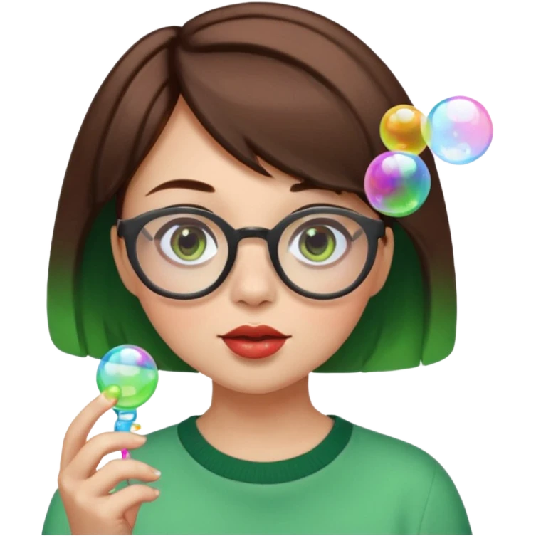 short brown hair with green ends woman blowing bubbles with glasses  emoji