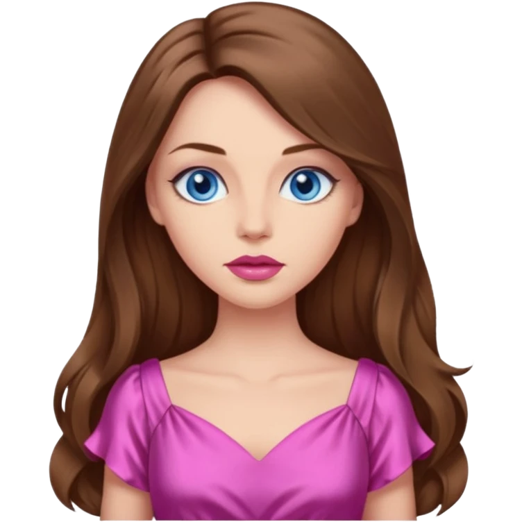 A woman has beige skin, long brown hair, blue eyes, plumb lips, she wears pink dress  emoji