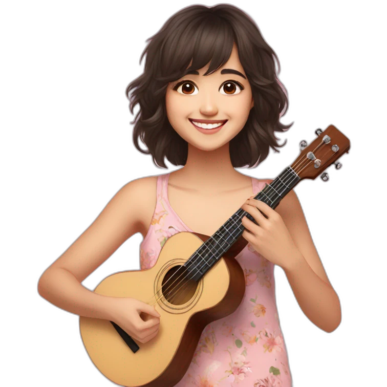 Shirley Setia front looking smiling wearing pyjama playing ukulele  emoji