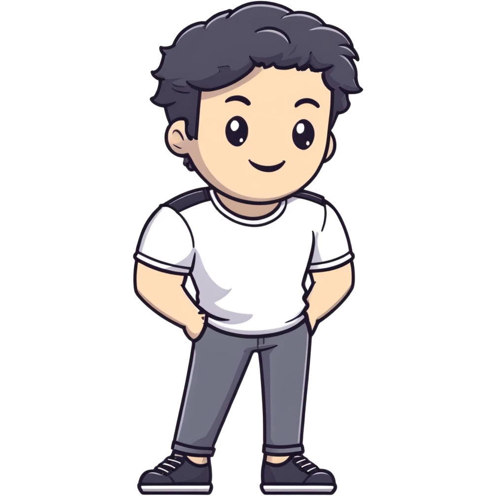 Casual business strategist with black wavy hair, stubble, strong features, white skin, wearing casual Friday outfit with no tie, leaning back relaxed, friendly smile, personal and approachable for Instagram profile emoji