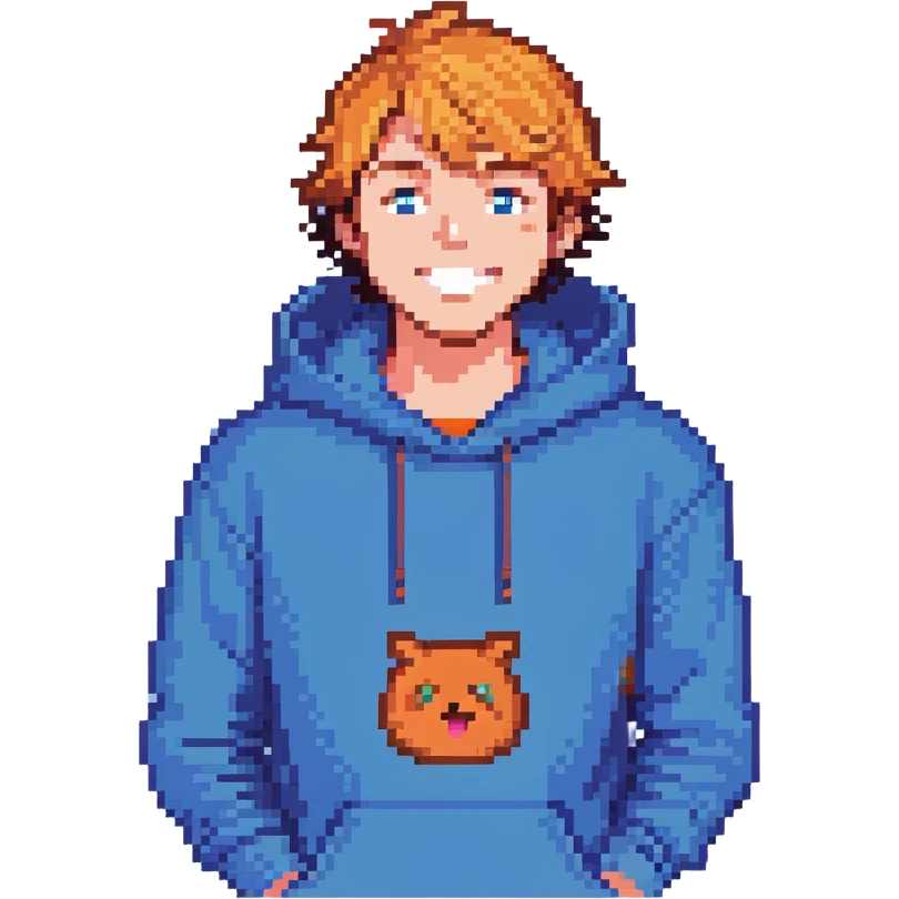 Mr. Beast, blue hoodie, cheerful expression emoji