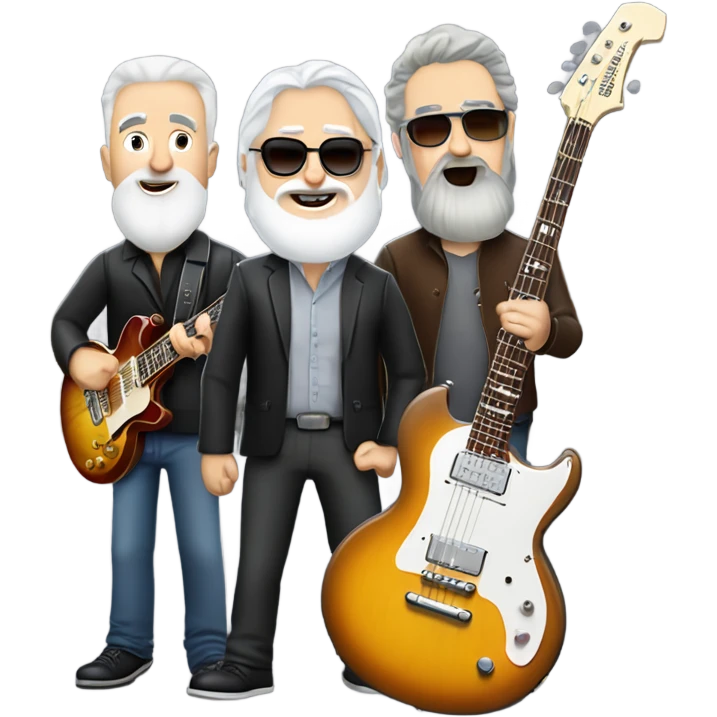 Three white mature musicians. one on a Gibson Les Paul guitar with a beard, one on a Fender Precision bass that is very tall and one playing banjo with a short gray beard emoji