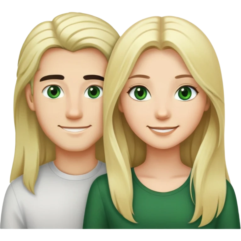 Smiling couple of blonde girl with long hair green eyes and boy with black hair and green eyes emoji